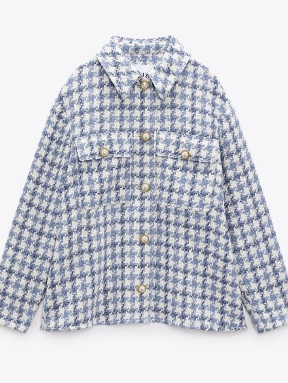 Zara Light Blue and White Houndstooth Tweed Jacket with Pearl Buttons